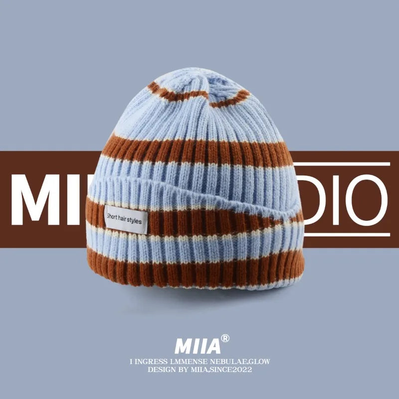 Striped Knit Beanie – Warm Contrast Color Winter Hat Unisex