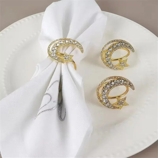 Gold Star Moon Napkin Rings Set | Ramadan Eid Holiday Tableware Napkin Ring Set Peaceful Pleasures Health and Wellness