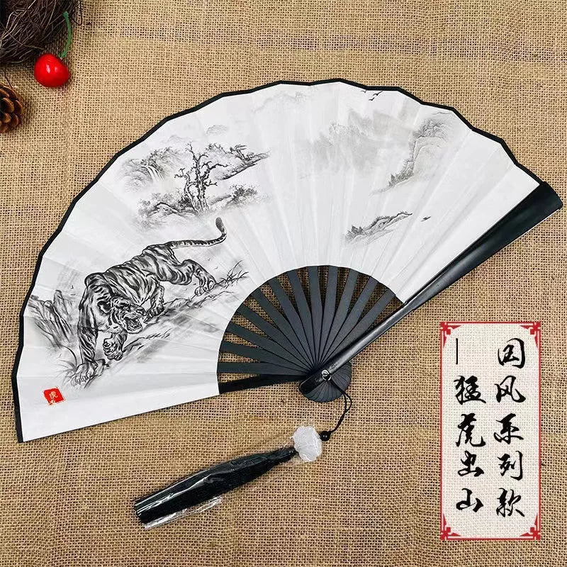 8 Inch China-Chic Fan Guofeng Folding Fan Double Sided Silk Ink Painting Chinese Fan With Tassel Antique Male Folding Fan Peaceful Pleasures Health and Wellness tiger