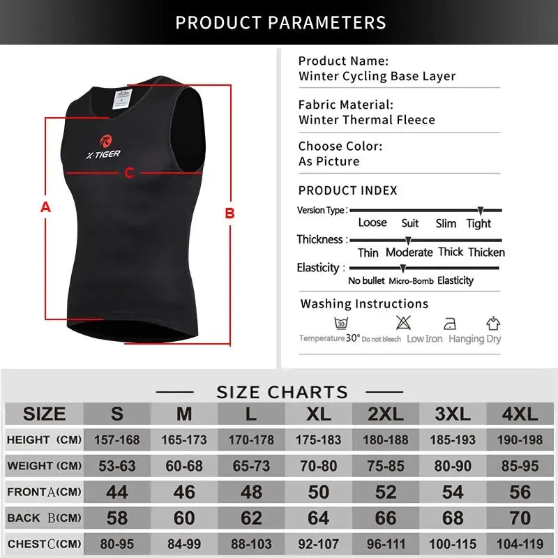 X-TIGER Men's Winter Fleece Cycling Vest – Thermal Base Layer