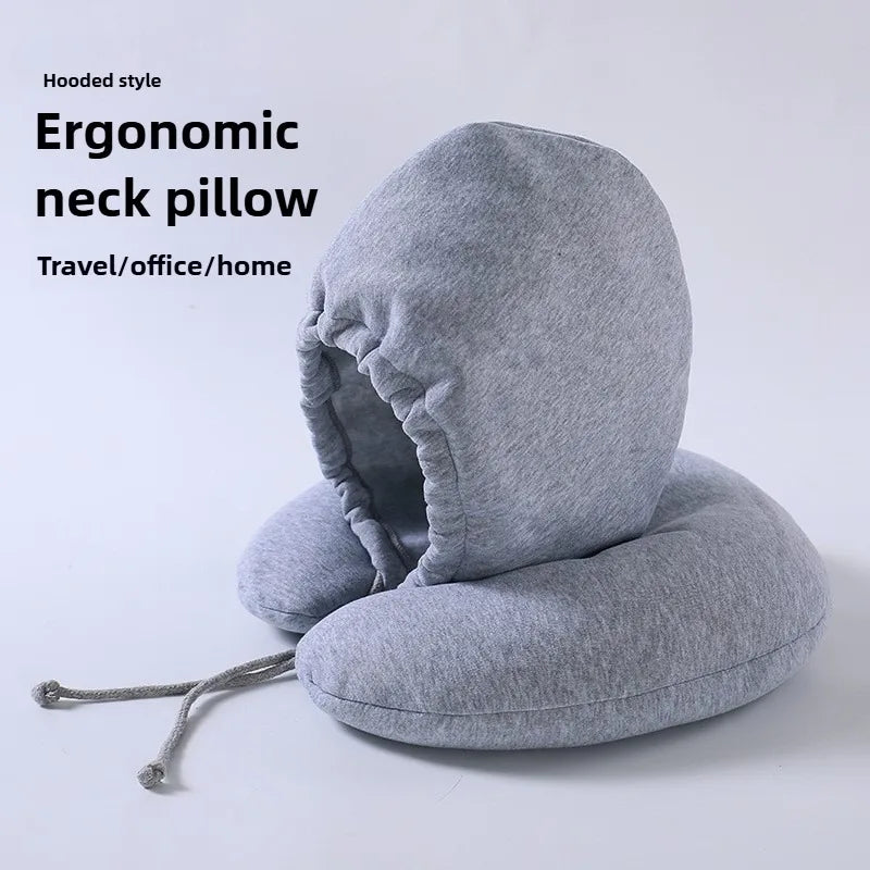 Hooded Ergonomic Travel Neck Pillow – Airplane, Office & Car