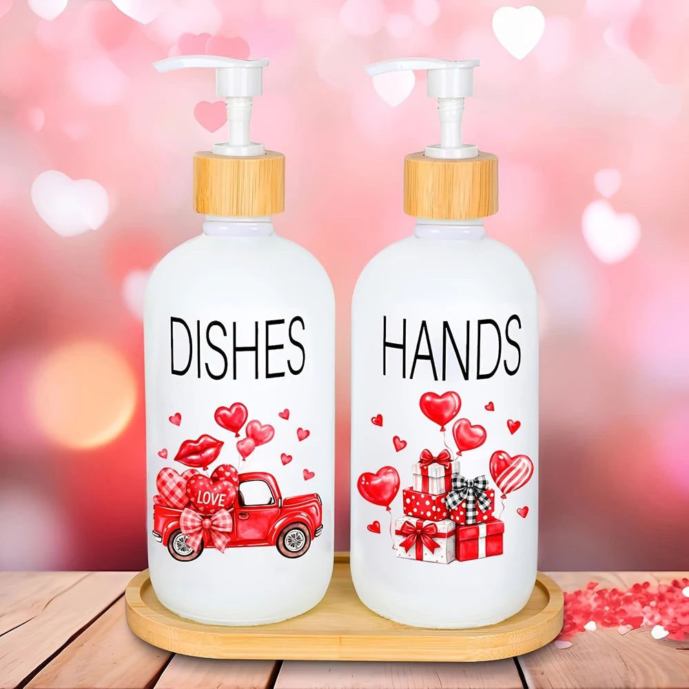 Watercolor Red Heart Truck Soap Dispenser with Tray – Refillable Pump Liquid Soap Container, Mother’s Day Gift Peaceful Pleasures Health and Wellness B Set