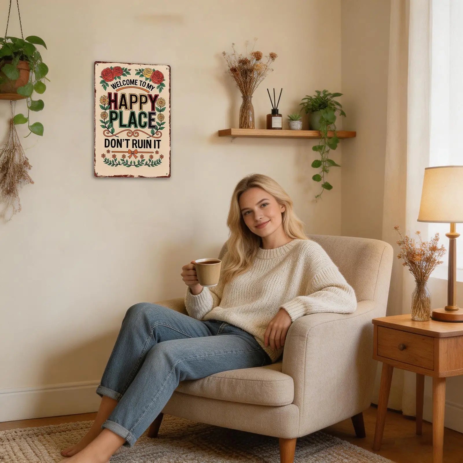 Welcome To My Happy Place Sign Vintage Floral Wall Poster Metal Welcome Wall Art For Indoor Outdoor Bedroom Corridors Courtyards Peaceful Pleasures Health and Wellness