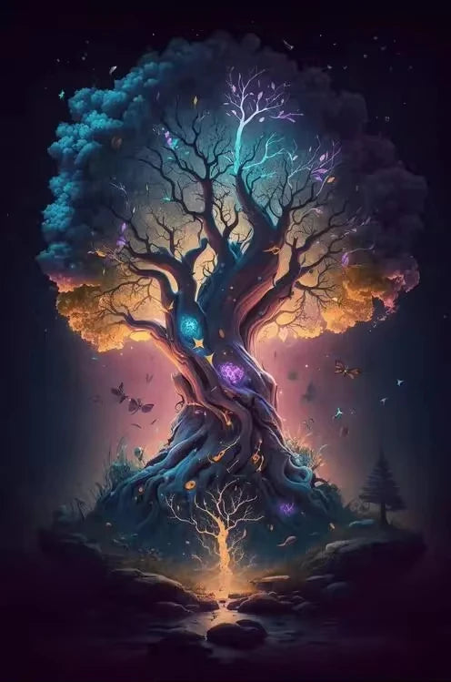 Flashing Magic Tree of Life Poster Galaxy Aurora Plant Canvas Art Natural Beauty Wall Painting for Living Room Home Decor Peaceful Pleasures Health and Wellness