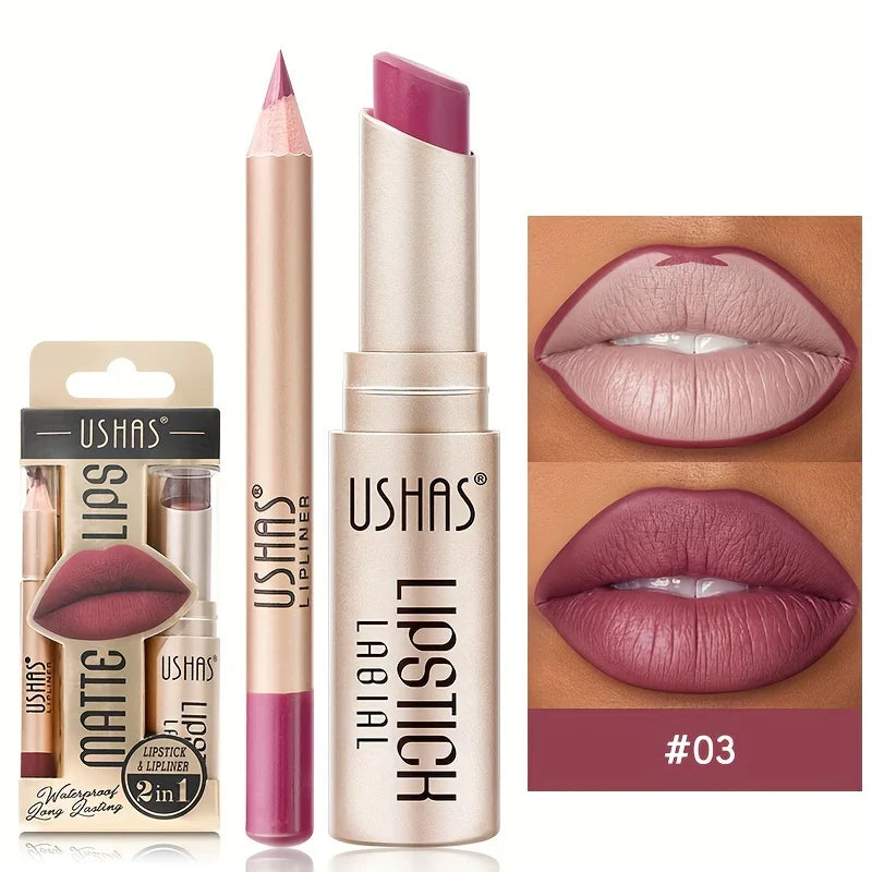 USHAS 12-Color Matte Lipstick & Lip Liner Set – Waterproof