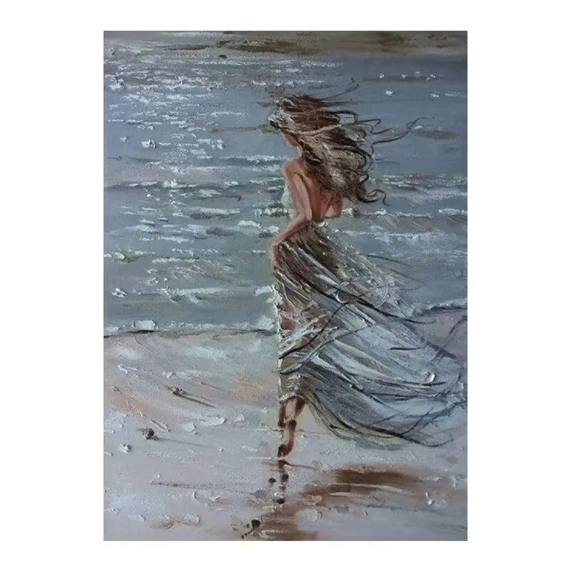 Modern Abstract Seaside Girl Art Oil Painting,3D Texture Hanging Painting,Wall Decor,100% Handmade,Hang Picture for Living Room Peaceful Pleasures Health and Wellness