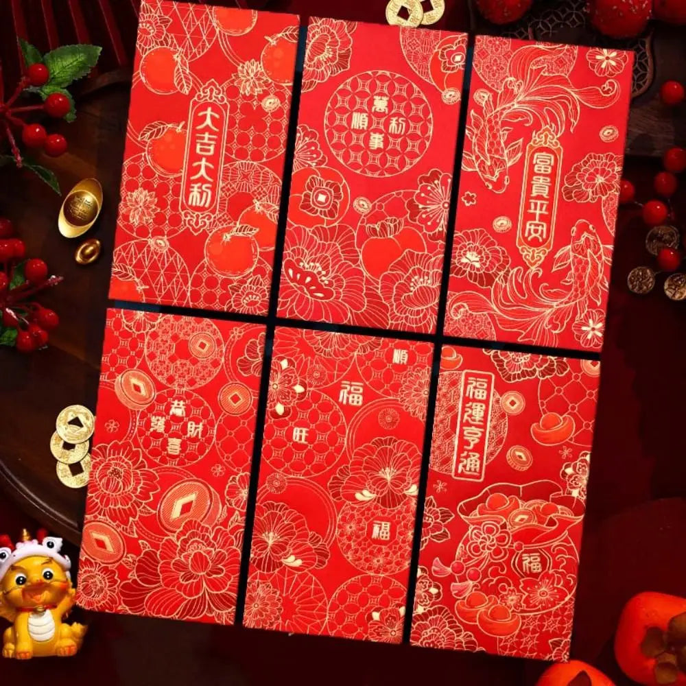 6pcs Hot Stamping Chinese New Year Red Envelope Rectangular Mixed Pattern Red Packet Thickened Solid Lucky Money Bag Peaceful Pleasures Health and Wellness