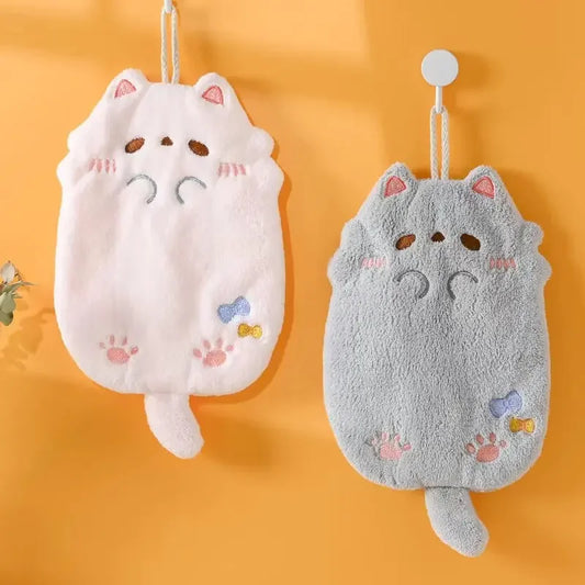 Cute Cartoon Cat Hanging Hand Towel Coral Fleece Non-shedding Thick Cloth High Appearance Level Kitchen Bathroom Absorbent Towel Peaceful Pleasures Health and Wellness
