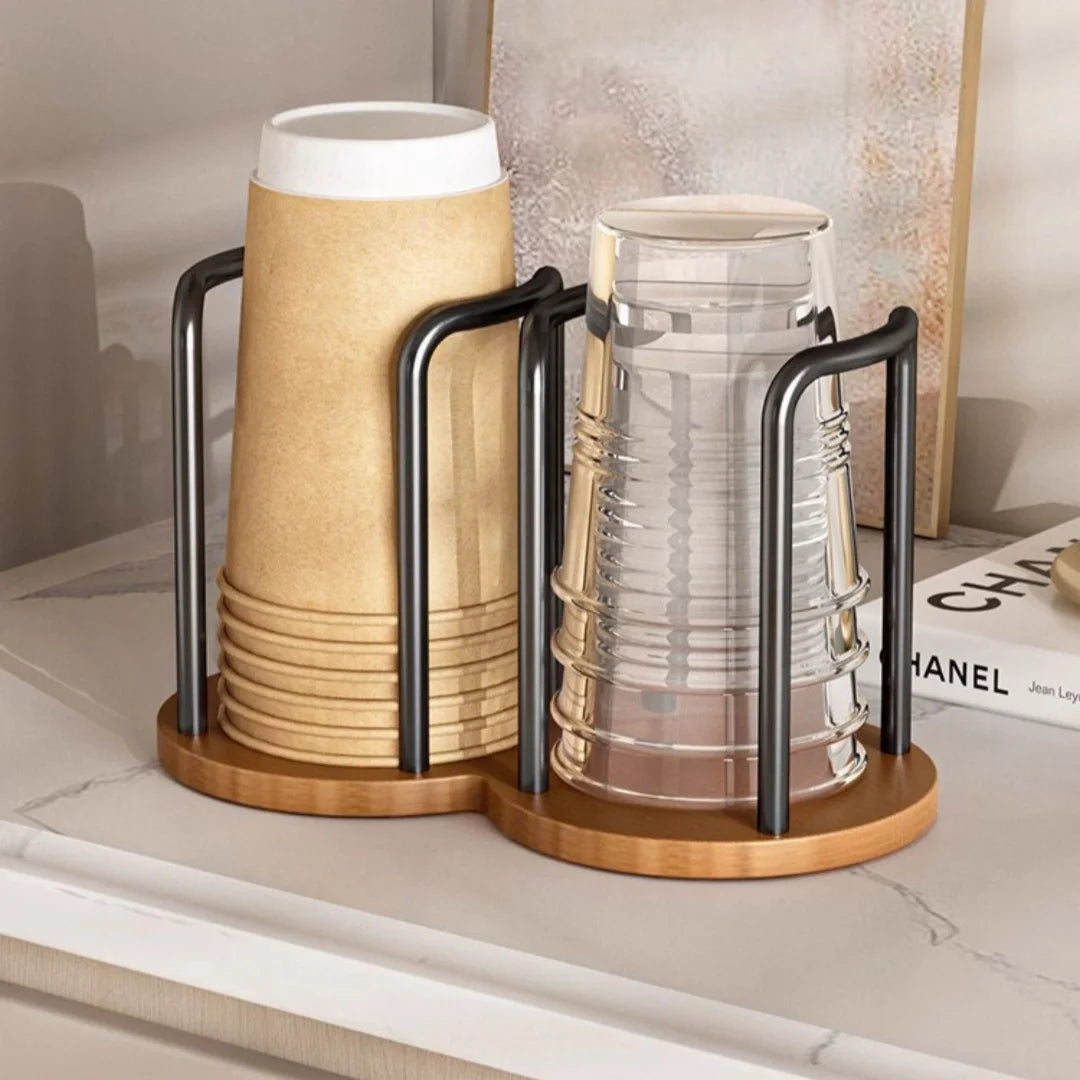 Coffee Cup Dispenser Rack Wood Base & Lid Organizer