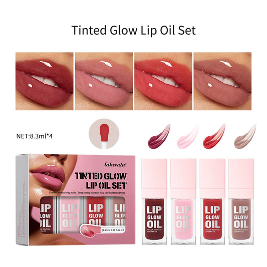 Tinted Glow Lip Oil Set – 4-Piece Jelly Lip Gloss & Balm Tinted Lip Oil Set Oasis Select 4Colors 1set