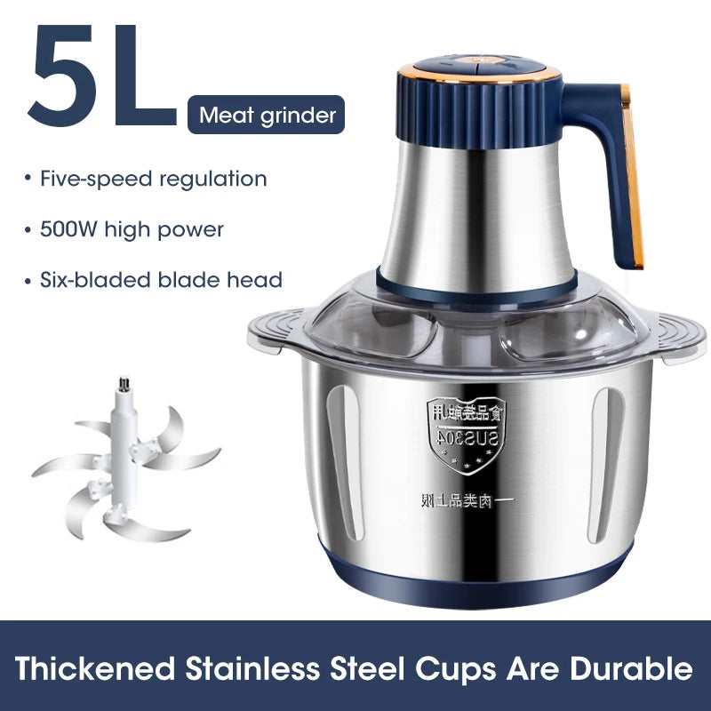 5L Electric Meat Grinders Food Crusher Stainless Steel Multifunctional Vegetable Slicer Processor Chopper Kitchen Appliances Peaceful Pleasures Health and Wellness 5L EU