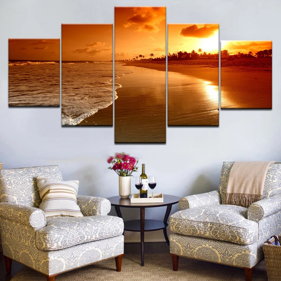 5pcs Cleopatra Ocean Canvas Painting Wall Art Orange Sky Ocean Beach Multi Turkey Sand Beach Sunrise Wall Decor No Frame Peaceful Pleasures Health and Wellness 5pcs 4 20x35-20x45-20x55cm