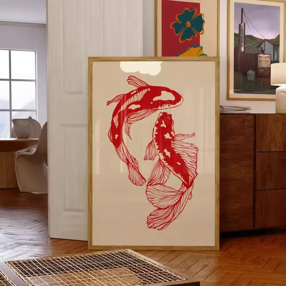 Vintage Red Koi Fish Canvas Wall Art Poster – Unframed