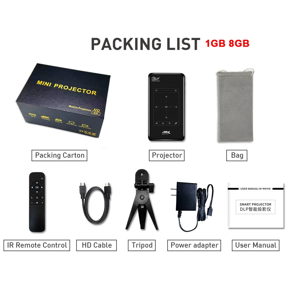 P09-II Portable DLP Mini Pocket Projector Android 9.0 2GB RAM 32GB ROM WIFI5 BT4.2 4K HD Beamer Home Cinema LED Video Projector Peaceful Pleasures Health and Wellness 1GB 8GB Black EU Plug China Mainland