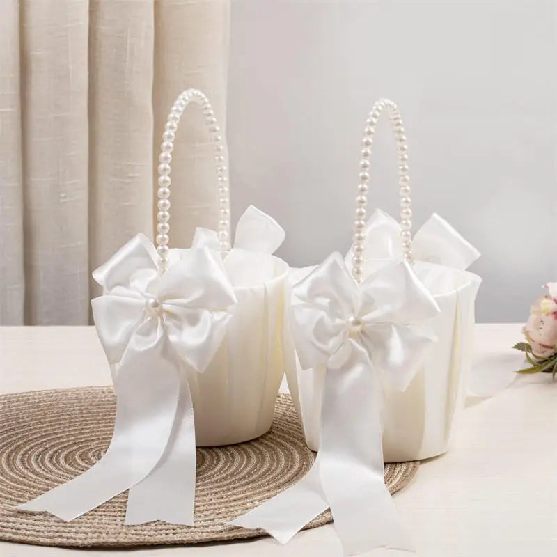 Wedding Flower Basket White Satin Pearl Bowknot Wedding Scattering Flower Basket Foldable Flower Women Pearl Handle Baskets Peaceful Pleasures Health and Wellness