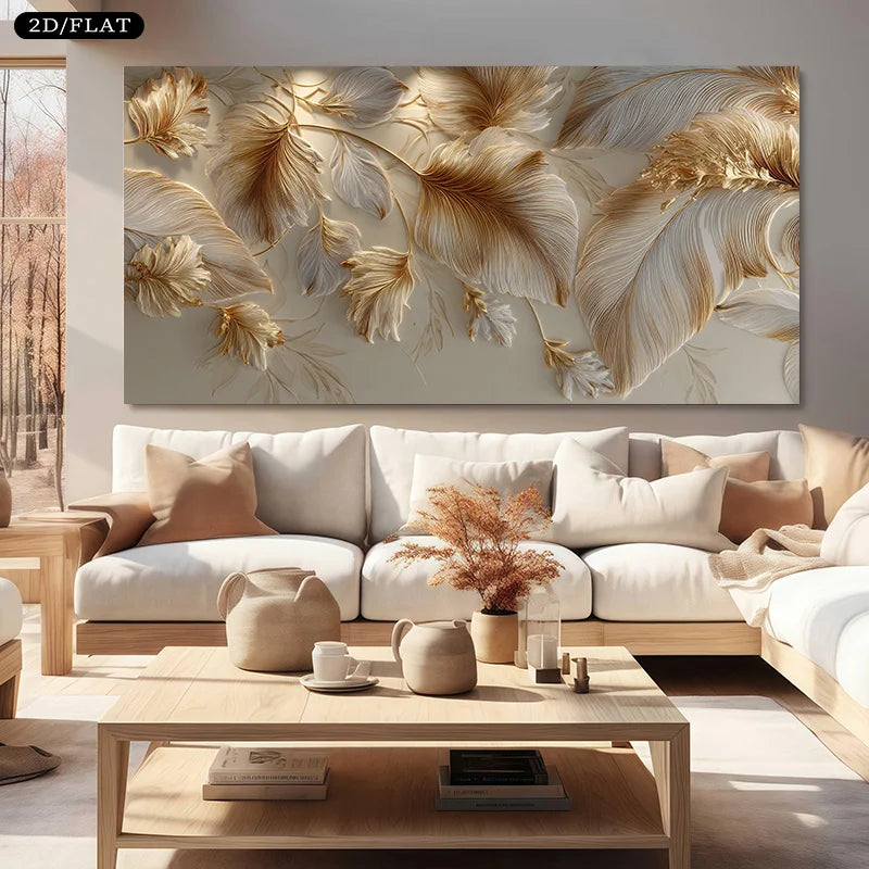 Golden Feathers Canvas Print | Abstract Modern Wall Art Decor Canvas Wall Art Peaceful Pleasures Health and Wellness 60x120cm No Frame ZLH10425