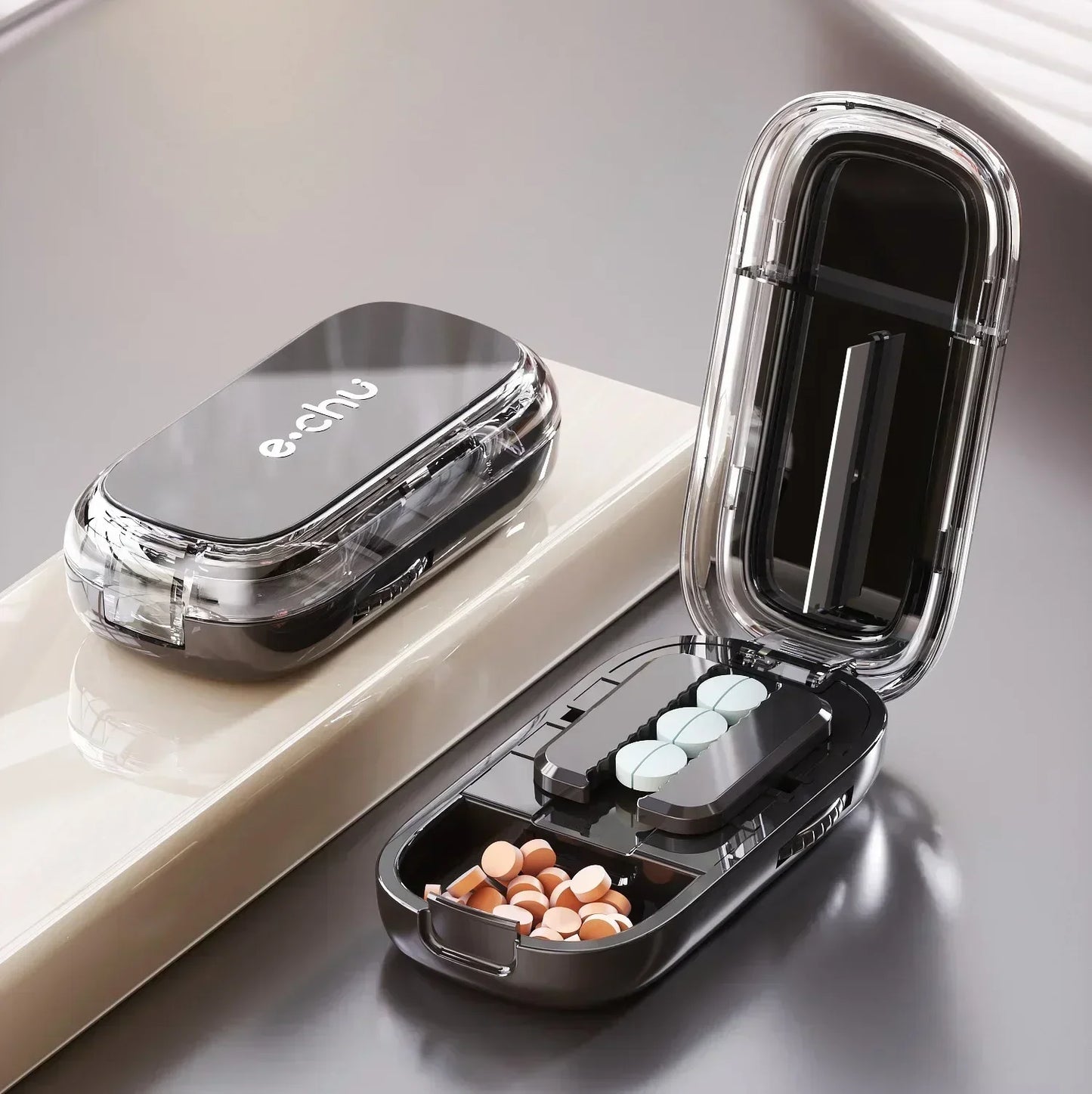 Multi- Functions Pill Cutter Portable Drug Tablet Storage Box 1/3, 2/1, 4/1 Pill Splitter Medicine Dustproof Divider Organizer Peaceful Pleasures Health and Wellness Halve Black China Mainland