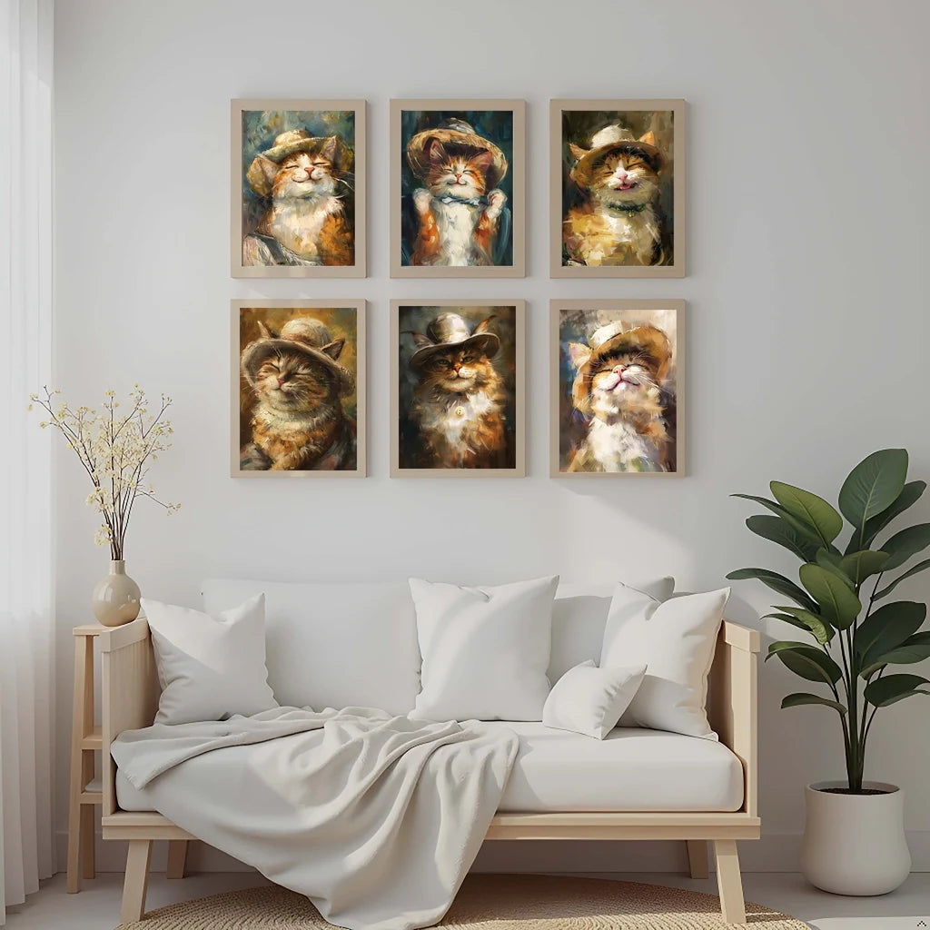 Animals Wall Art Cute Smiling Cat Oil Vintage Canvas Painting Nordic Style Poster Prints Bedroom Living Room Wall Decor Peaceful Pleasures Health and Wellness