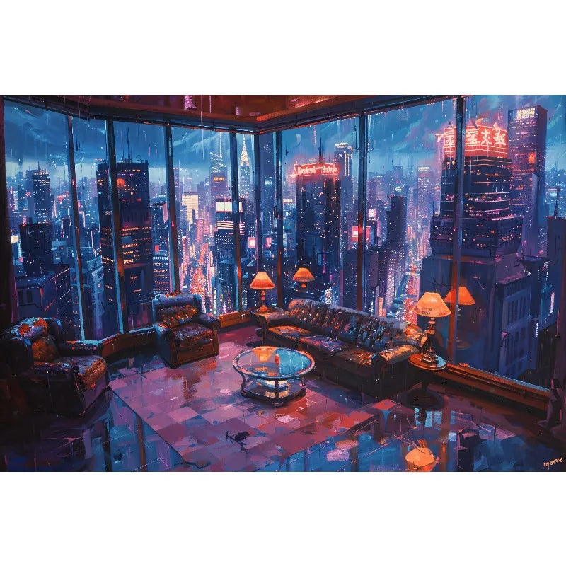 1pc frameless Cyberpunk Night City Landscape Poster Future Neon Lights Bar Design Canvas Wall Art for Living Room Home Decor Peaceful Pleasures Health and Wellness