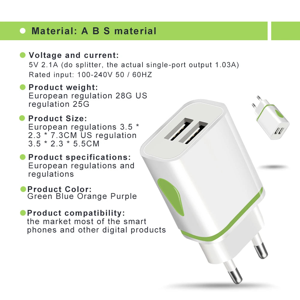 Dual USB Travel Wall Charger 2A Fast Charging EU/US Plug