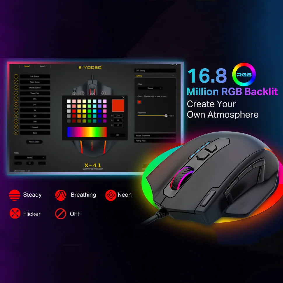 E-YOOSO X-41 Wired Gaming Mouse 12400 DPI 11 Programmable Buttons & Mode Switch Button USB Wired Mice For Computer PC Laptop Mac Peaceful Pleasures Health and Wellness