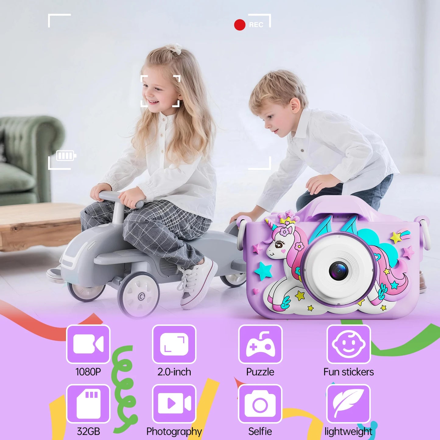 Kids Camera 1080P Video Mini Digital Camera Educational Toy Cameras With 32G Card Silicone Case for Girls Festival Birthday Gift Peaceful Pleasures Health and Wellness