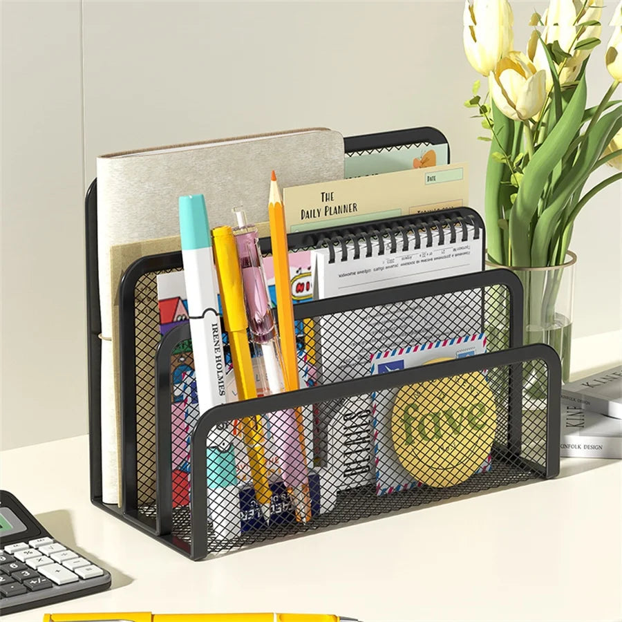 Papers Trays Notebook Stand Rack Desk 3-layer Black Metal Iron Mesh
