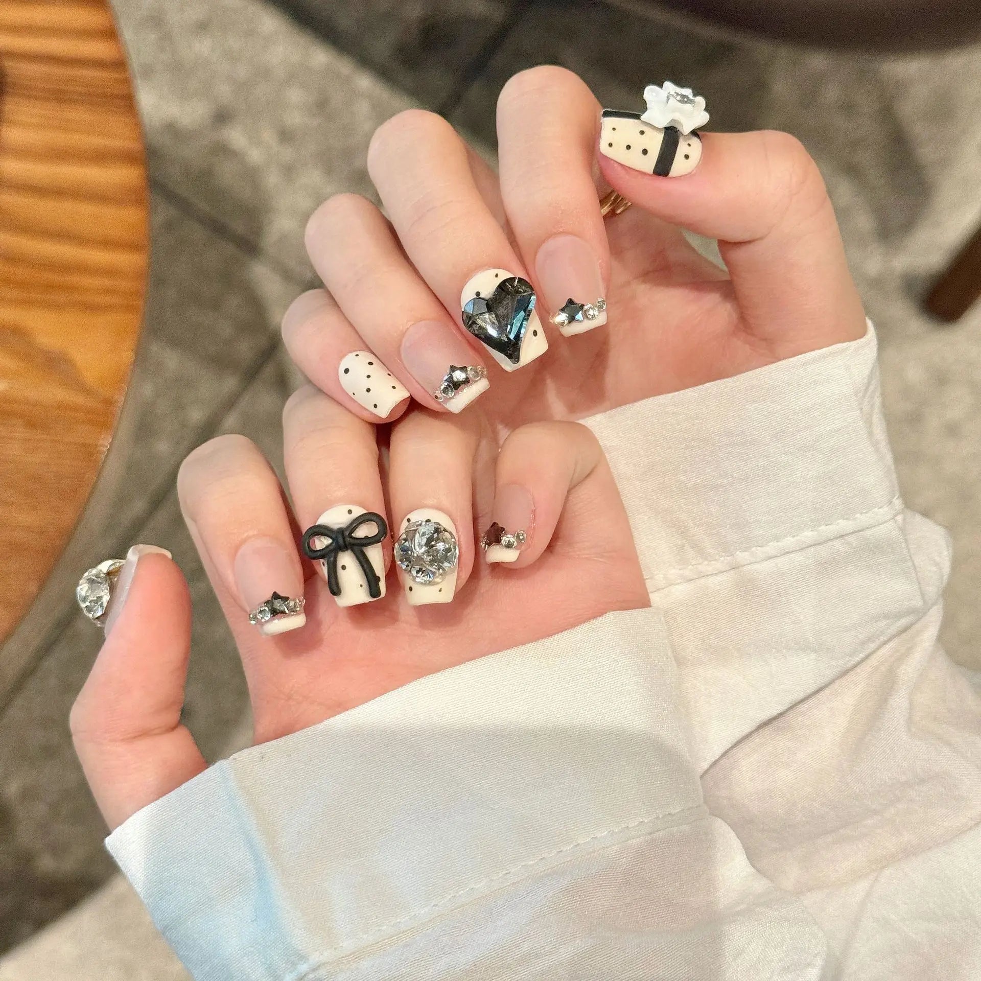 Handmade Press on Nails Black Bowknot Decor French Fake Nails for Women Girl Wearable Rhinestone Design Short False Nail Tips Peaceful Pleasures Health and Wellness