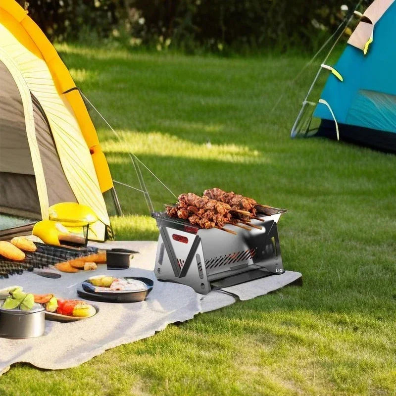 Wood Burning Camp Stove Picnic BBQ Cooker Stainless Steel Folding Backpacking Stove with Grill-Grid Wood Fire Stove for Outdoor Peaceful Pleasures Health and Wellness