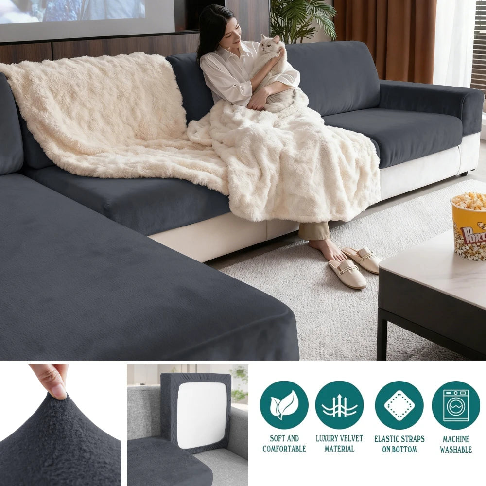 Luxury Soft Velvet Sofa Seat Cover Solid Elastic Sofa Cushion Covers Separate Furniture Protector Sofa Cover Living Room Pets Peaceful Pleasures Health and Wellness Dark Grey Chaise-1pc