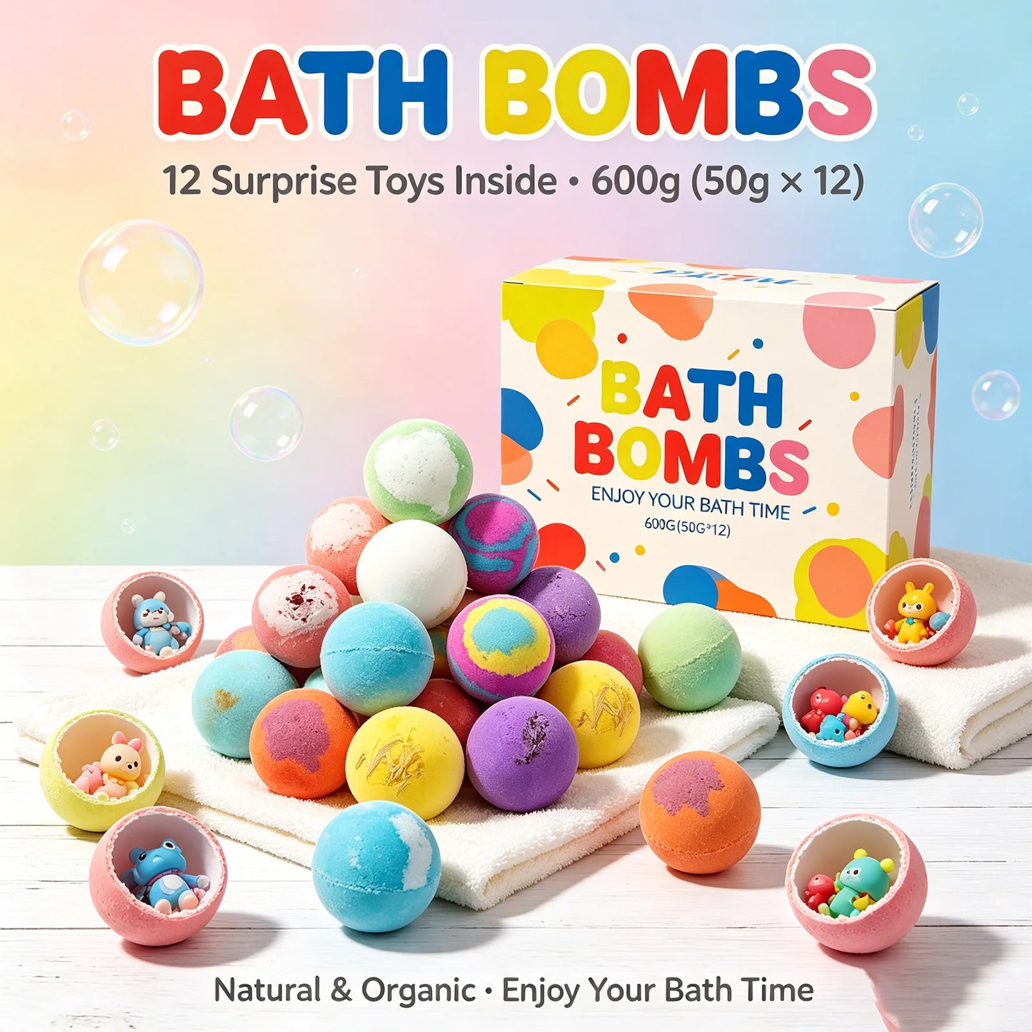 Bath Bombs Set with Surprise Toys – 12 Natural Fizzies for Kids