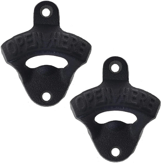 2PCS Wall Mounted Beer Opener Cast Iron Black Bottle Cap Opener Beer Bottle Opener Stationary Open Here Bar Accessories for Hub Peaceful Pleasures Health and Wellness Cast Iron