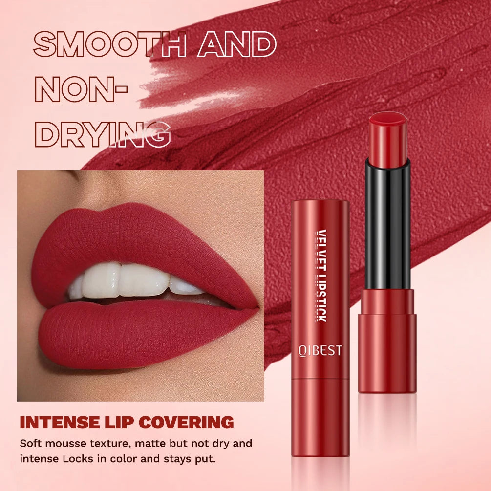 QIBEST Matte Lipstick Lasting Velvet Mist Nude Brown Red Lipstick Non-Stick Cup Classic Highly Pigmented Red Lip Stain Cosmetics Peaceful Pleasures Health and Wellness
