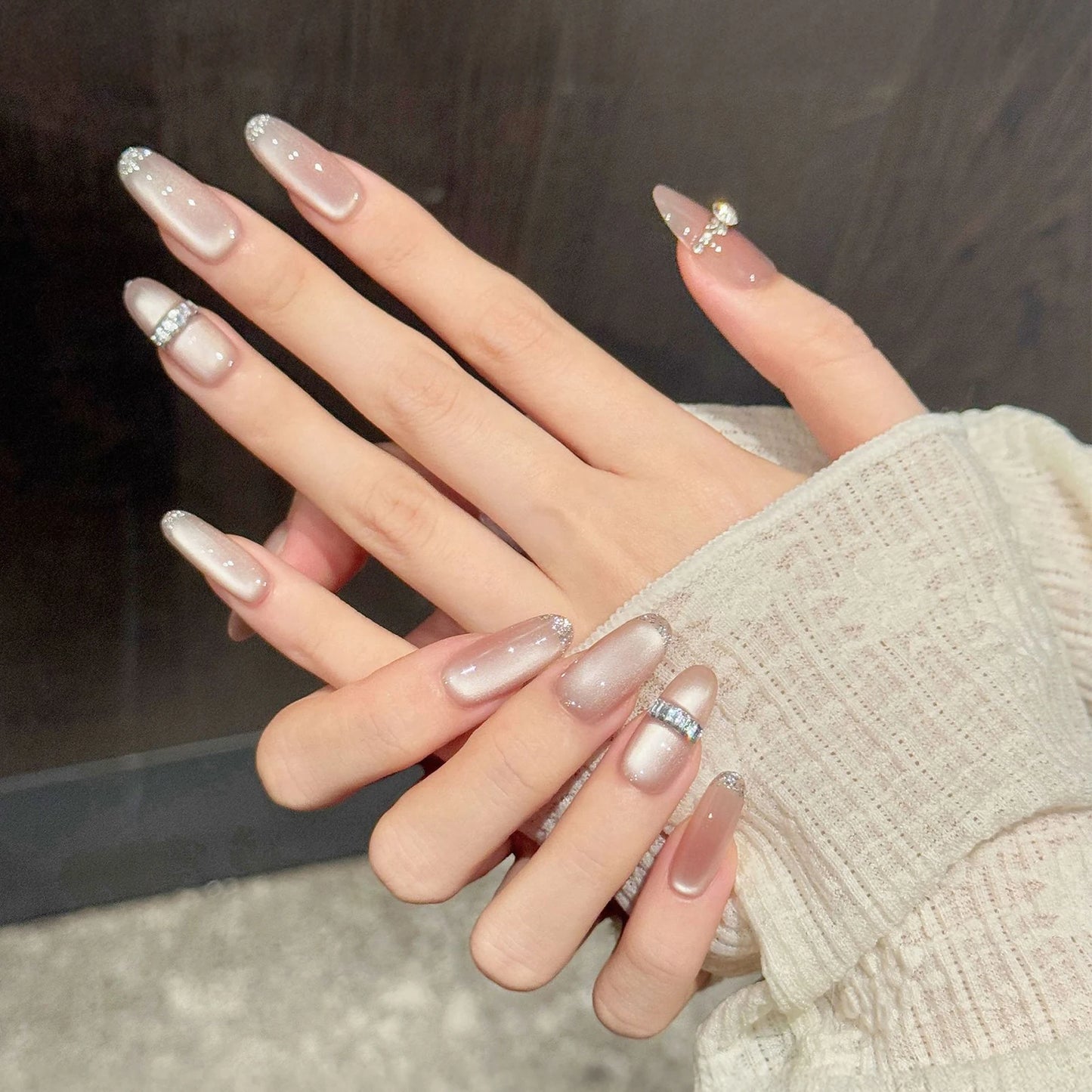 Cat Eye Glitter Press-On Nails | French Ring Design 10pc Set