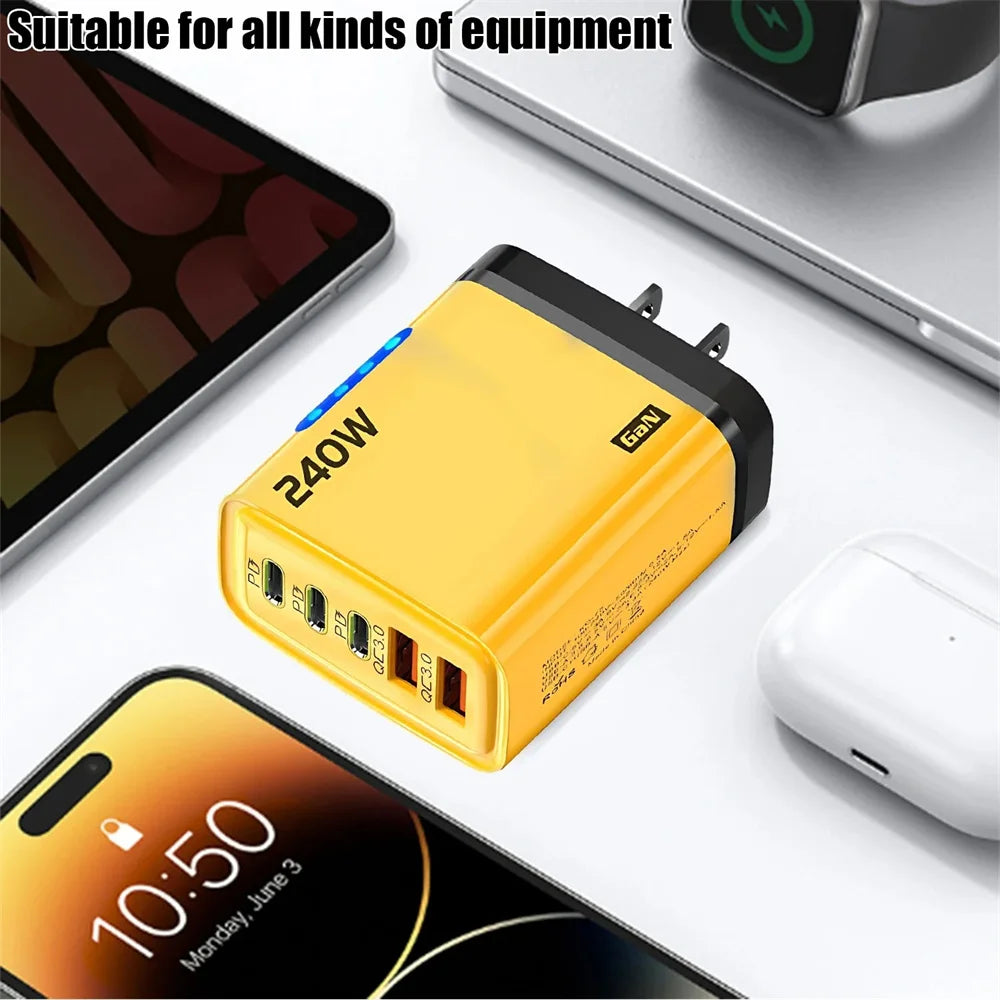 240W GaN 5-in-1 Fast Charger Multi Port USB C Wall Charger LED light Fireproof PC Adapter For iPhone Samsung Xiaomi EU/US Plug Peaceful Pleasures Health and Wellness