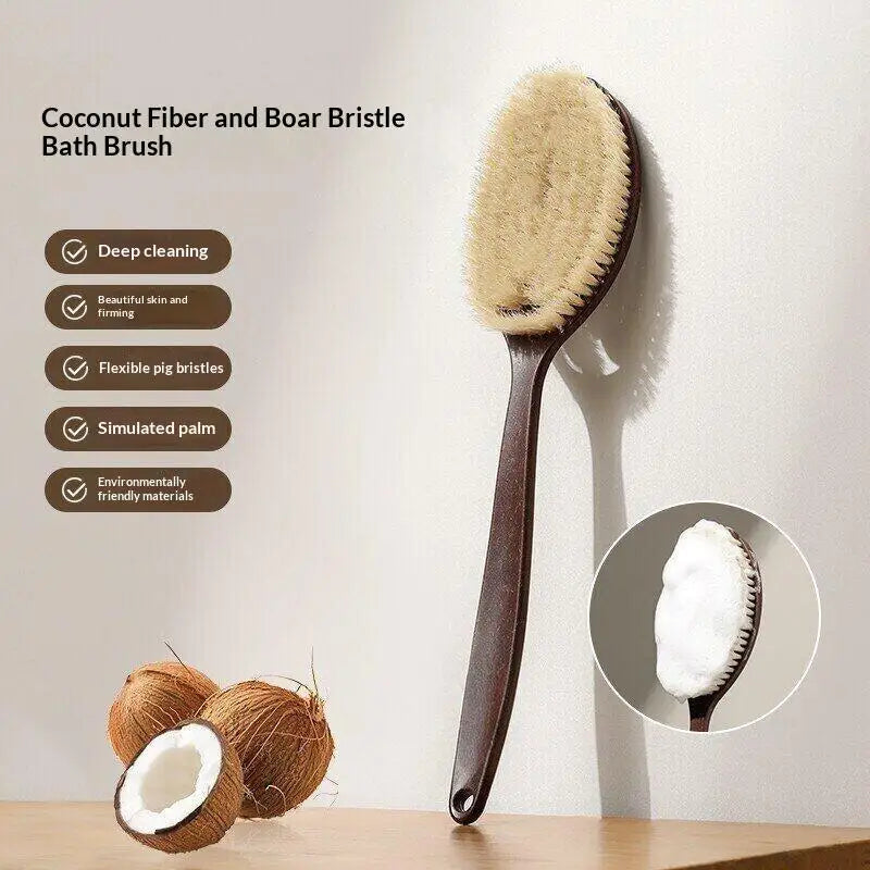 Natural Boar Bristle & Coconut Fiber Long Handle Bath Brush Body Exfoliating Brush Peaceful Pleasures Health and Wellness