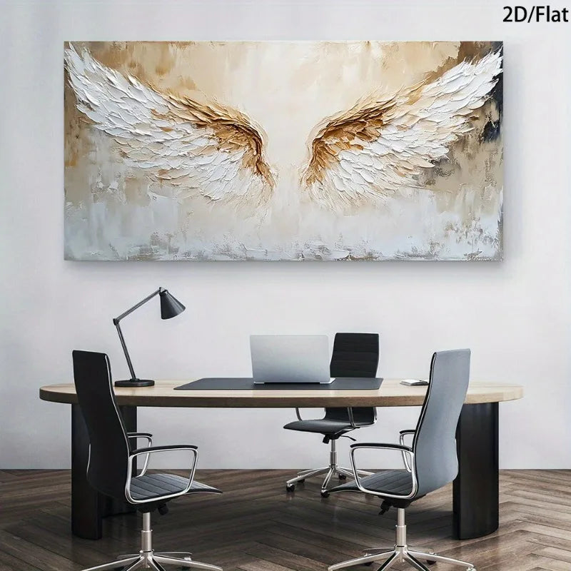 Frameless Modern Golden Angel Wings Canvas Wall Art - Golden & White Wing Design, High-Quality Print, Flat 2D Contemporary Decor Peaceful Pleasures Health and Wellness