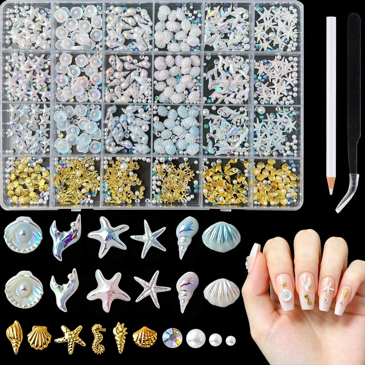 24-Grid Ocean Nail Charms Set – Shell, Starfish & Rhinestones
