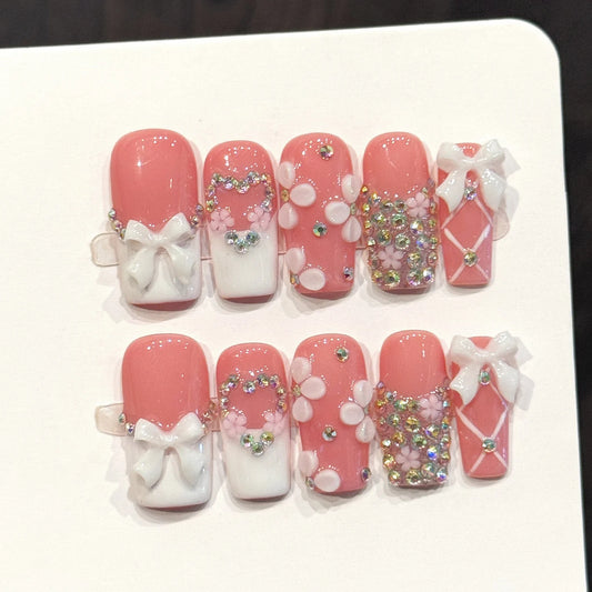 Press On Nails French Glitter 3D Bow Rhinestone Set | 10pcs Press On Nails Peaceful Pleasures Health and Wellness