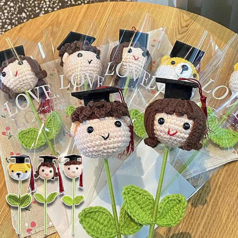 Graduation Crochet Bouquet with Cap | Handmade Knitted Flowers
