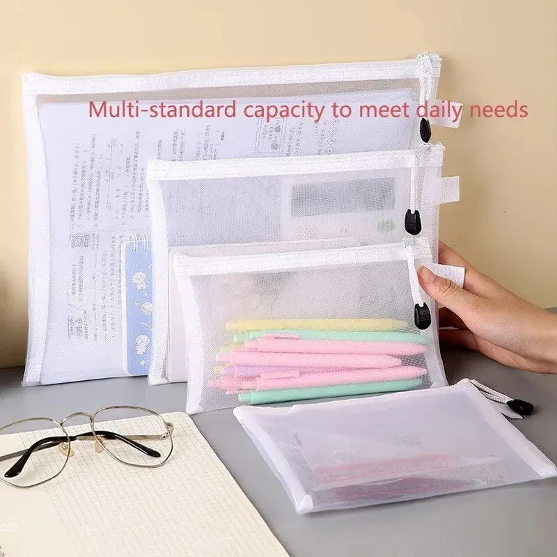 3pcs/Set Transparent Document Bag Mesh Zipper Information Bag Small Fresh Large Capacity Stationery Bag Peaceful Pleasures Health and Wellness