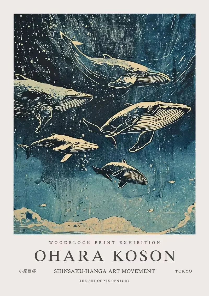 William Morris Whale & Peacock Retro Sunset Canvas Wall Art