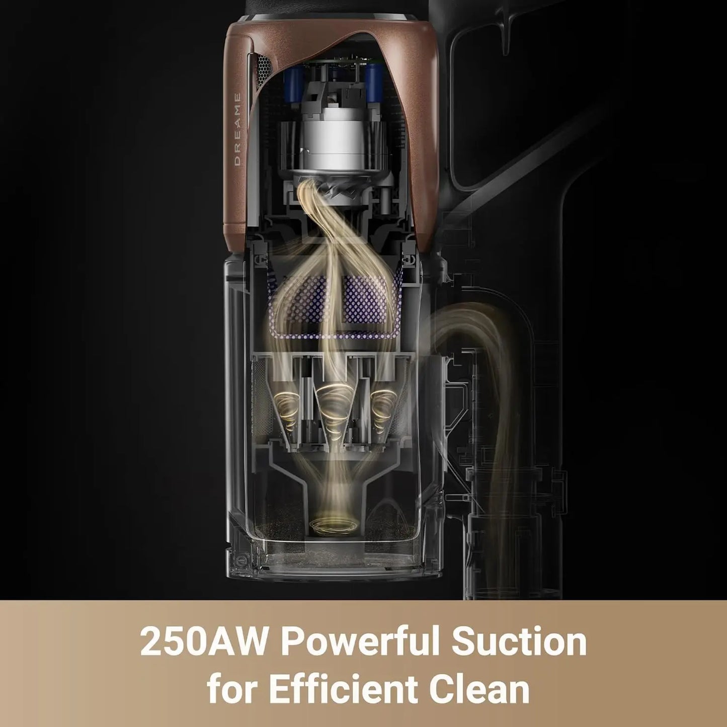 Suction system of a vacuum cleaner with text '250AW Powerful Suction for Efficient Clean' on a dark background