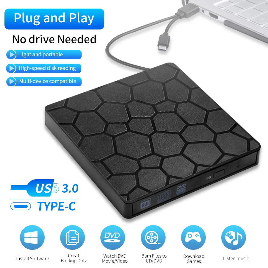 GGBEE External DVD CD Burner USB 3.0 & USB-C for Laptop PC