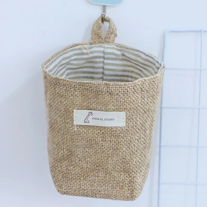 Desktop Jute Storage Bag Cotton Linen Basket Sundries Box Handle