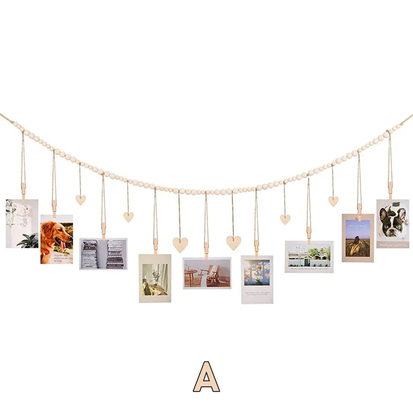 Rustic Boho Hanging Photo Display | Wood Beads, Clips & Tags