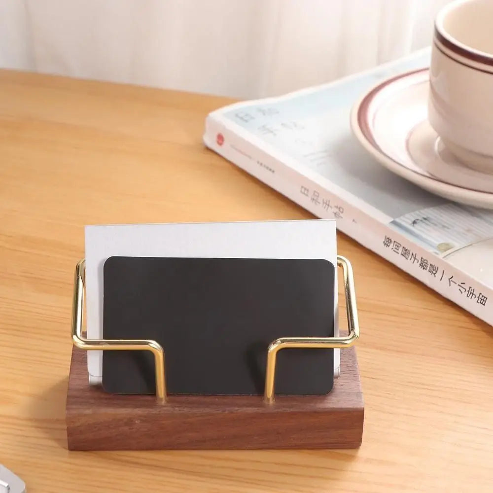 Tabletop Shelf Business Card Holder Walnut Wood Beech Wood Cards Display Stand Card Storage Metal Wooden Card Holder Manager Peaceful Pleasures Health and Wellness