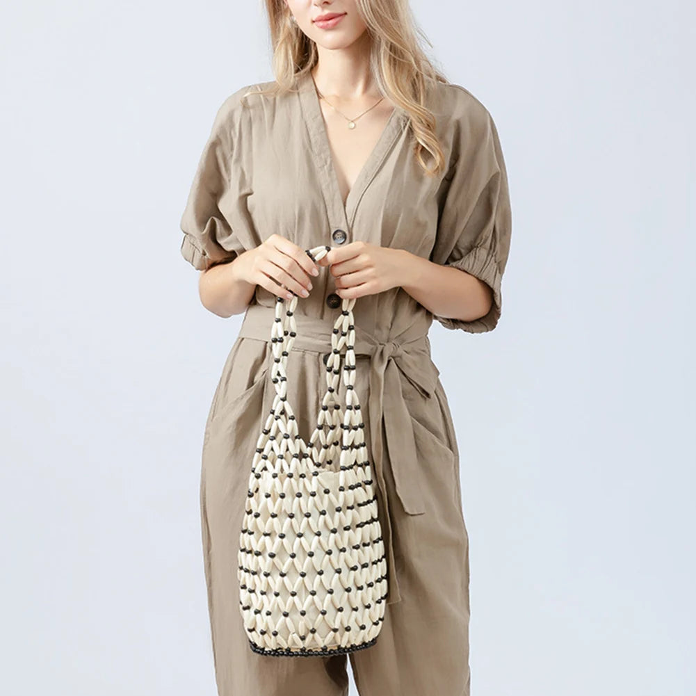 Handmade Wooden Bead Woven Bucket Bag for Women Peaceful Pleasures Health and Wellness