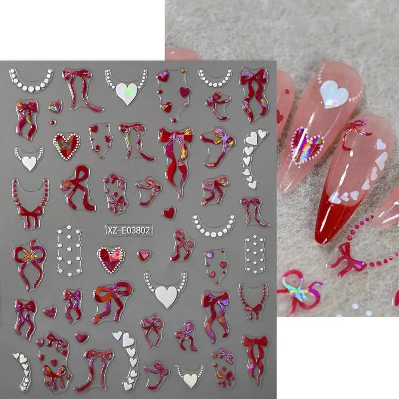 Aurora French Ribbon Heart Nail Stickers Pearl Love Chain Adhesive Nail Decals Valentine's Day Bows Manicure Sticker Peaceful Pleasures Health and Wellness