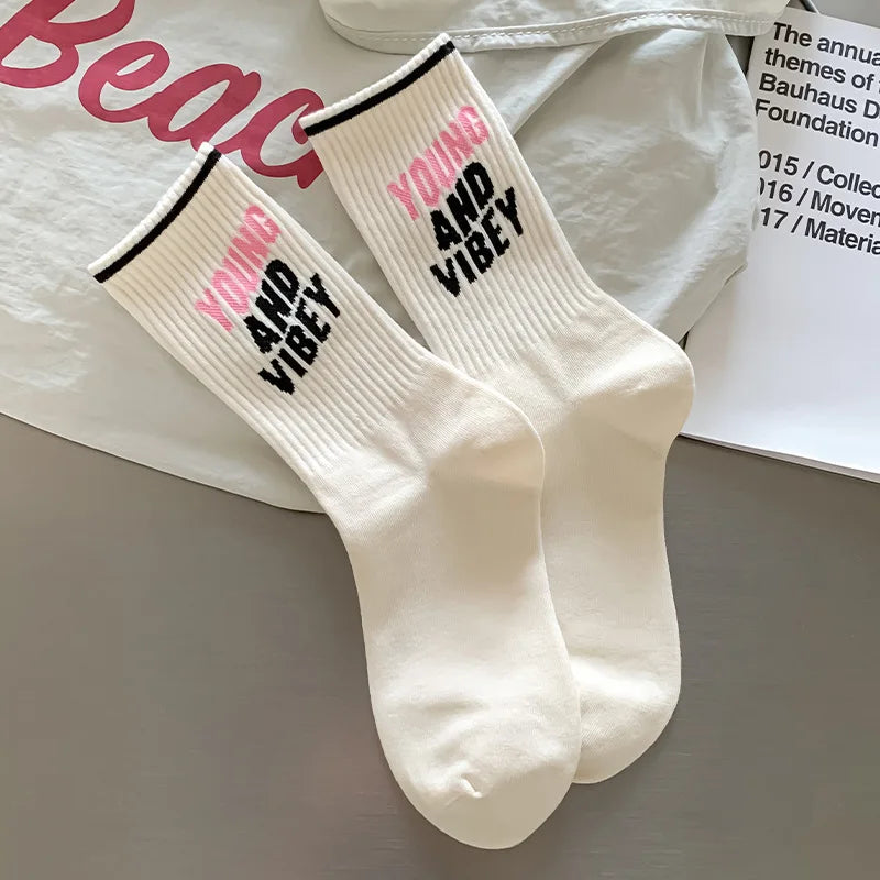 5 pairs of sports socks for women in autumn winter with striped letters sweat absorbing odor proof retro women's socks Peaceful Pleasures Health and Wellness